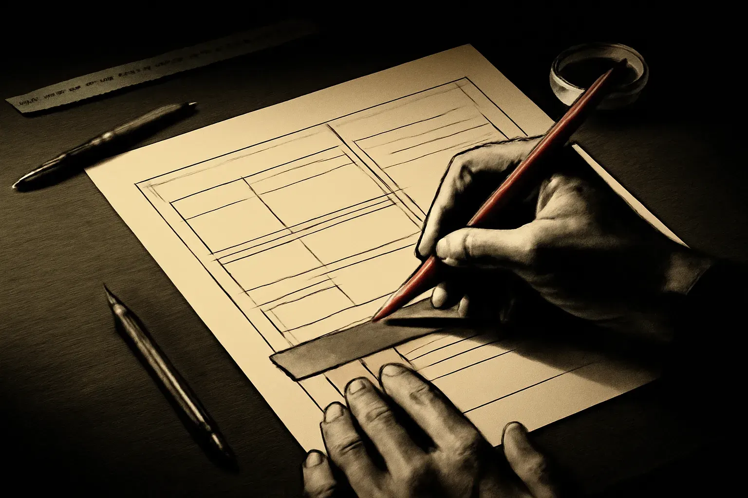 Warrior Designs workspace — a duotone editorial study of a working desk surface