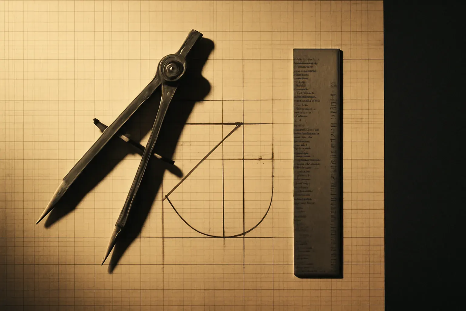 A drawing compass and metal ruler constructing an abstract geometric form with a truncated corner on grid paper, in warm ink and bone-paper duotone.