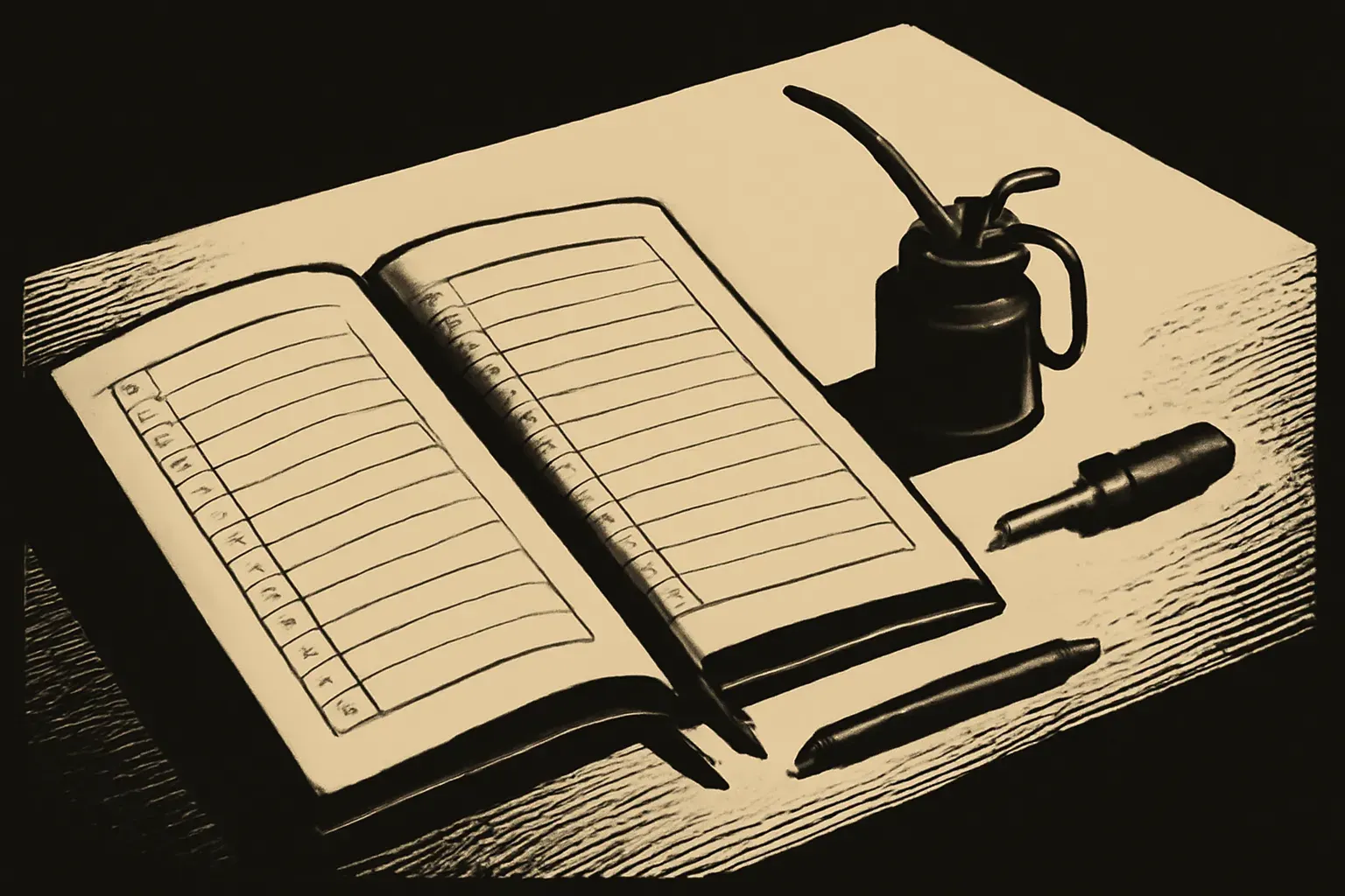 An open ruled logbook with pencil check-marks beside a small oil can and screwdriver on a desk, in warm ink and bone-paper duotone.