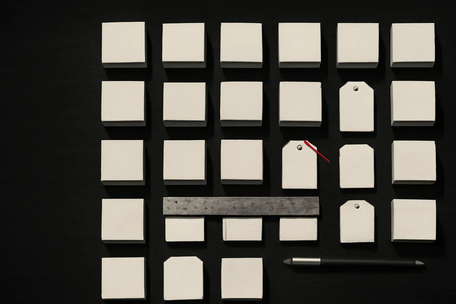 An evenly spaced grid of unlabelled product boxes and swing-tags measured with a ruler on a dark wood surface, in warm ink and bone-paper duotone.