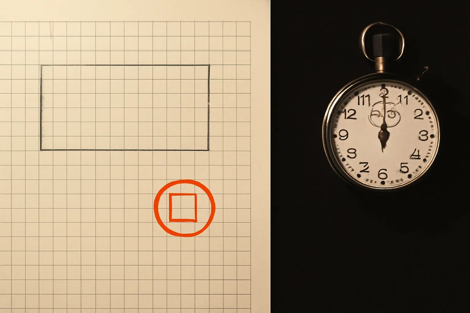 A single ruled box circled in red pencil on an otherwise empty sheet of graph paper beside a stopwatch, in warm ink and bone-paper duotone.