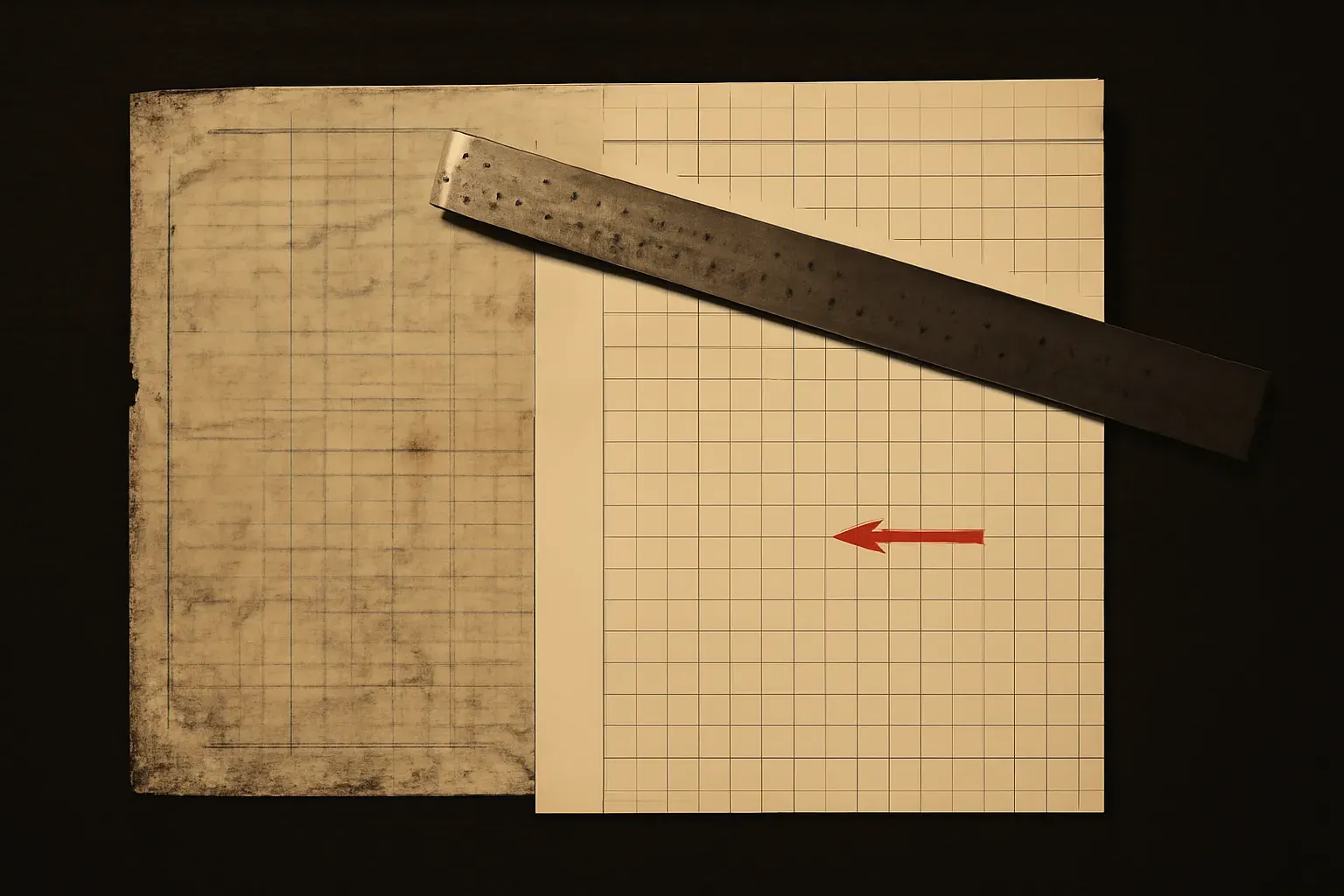 A crisp new ruled graph-paper layout overlapping a worn, creased old sheet on a desk, in warm ink and bone-paper duotone.