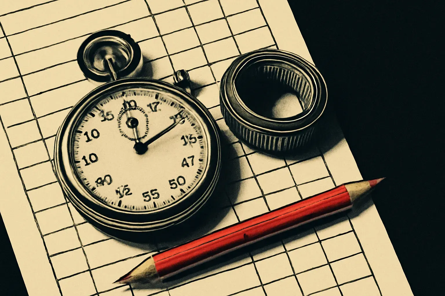 A stopwatch and coiled measuring tape resting on a printed checklist with pencil tick-marks, in warm ink and bone-paper duotone.