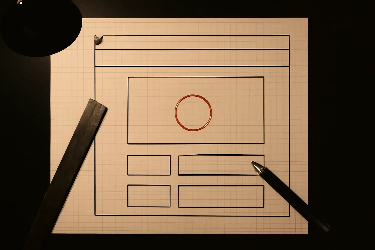 A hand-ruled pencil layout of a webpage on graph paper with a metal ruler and set square under desk-lamp light, in warm ink and bone-paper duotone.